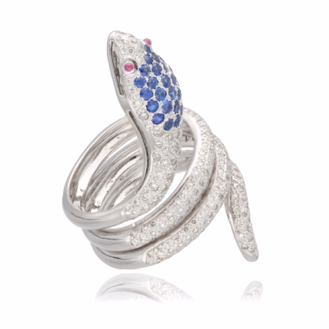 RING SNAKE WHITE GOLD 18KT DIAMONDS 1ct SAPPHIRE 0.50ct RUBY 0.01ct WEIGHT 9.77GR SIZE 13 / 53