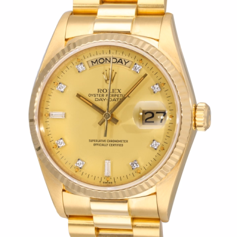 DAY DATE 18038 YELLOW GOLD 18KT GOLDEN DIAL 36MM DIAMOND INDEX ENGLISH DISK 