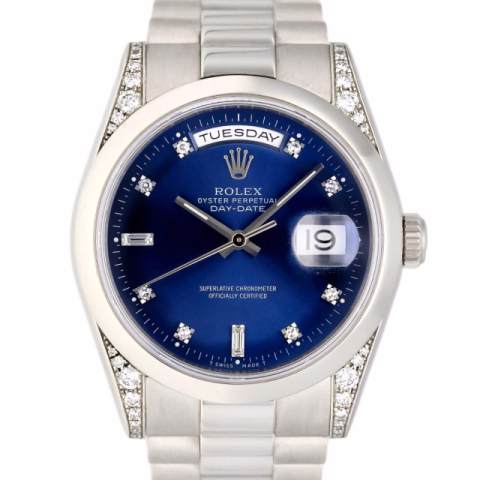DAY DATE 118296 PLATINUM DIAMONDS BLUE DIAL FULL SET 36MM YEAR 2008