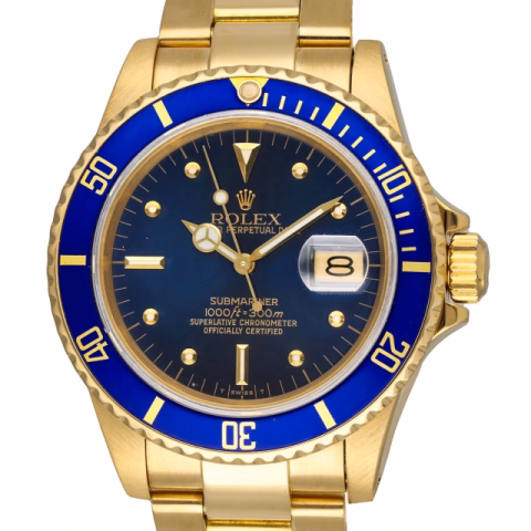 SUBMARINER DATE 16808 FULL YELLOW GOLD 18KT BLUE NIPPLE DIAL 40MM FULL SET 1984