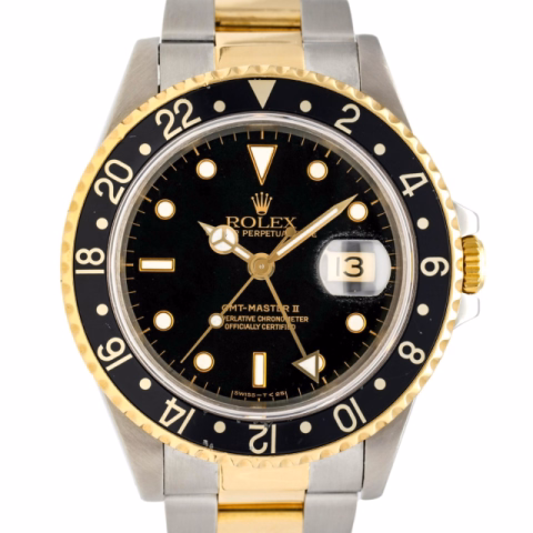 OLEX GMT II REF. 16713 STAINLESS STEEL WITH YELLOW GOLD 18KT BLACK LEATHER STRAP YEAR 1989 DIAMETER 40MM