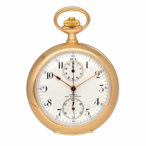 OMEGA CHRONO MONO PUSHER POCKET WATCH ANTI-MAGNETIQUE FULL YELLO GOLD PORCELAIN DIAL 55MM