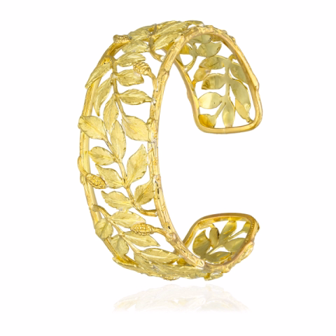 BRACELET MARIO BUCCELLATI YELLOW GOLD 18KT VINE CUFF LEAVES BERRIES 41.10GR