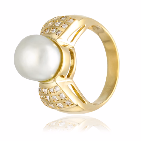 RING YELLOW GOLD18KT DIAMONDS 0.40ct WITH NATURAL PEARL SIZE 15 / 55 7.9GR