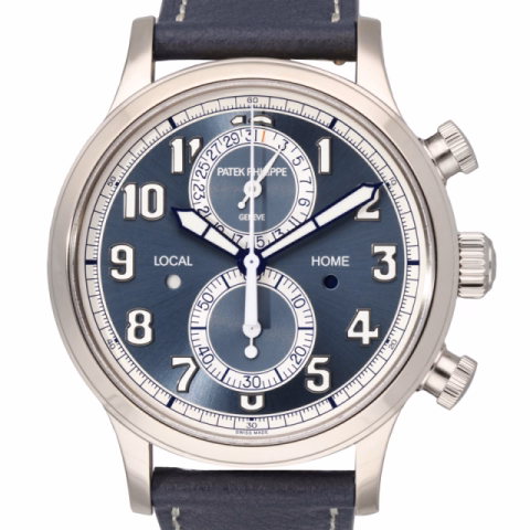 CALATRAVA PILOT TRAVEL TIME CHRONOGRAPH 5924G-001 WHITE GOLD 18KT BLUE DIAL 42MM FULL SET YEAR 2023