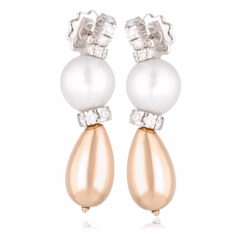 EARRING WHITE GOLD 18KT ROSE GOLD 18KT WHITE PEARLS DIAMONDS 2.50ct WEIGHT 21GR