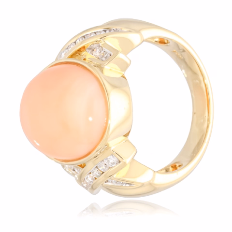 RING CORAL ROSE CABOCHON 4.75 CT DIAMONDS 0.20CT YELLOW GOLD N°53