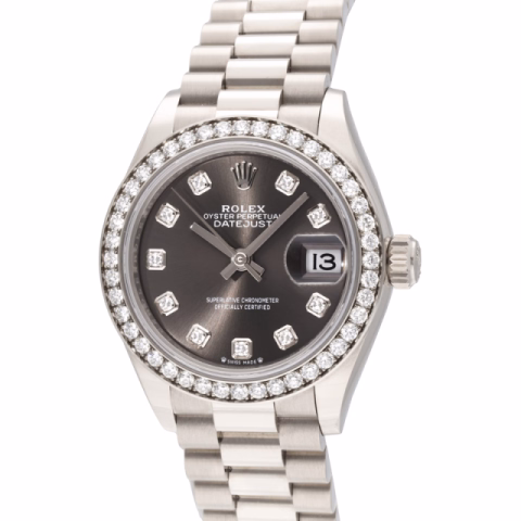 DATEJUST LADY 279139RBR WHITE GOLD 18KT DARK GREY DIAL 28MM DIAMOND INDEX AND BEZEL FULL SET NEW 2025