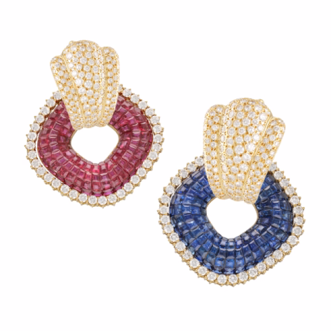 EARRING MIX MATCH IN YELLOW GOLD 18KT RUBY 17ct SAPPHIRE 17ct DIAMONDS 15ct TOTAL WEIGHT 67.44GR