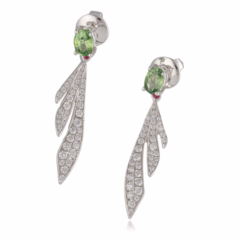 GUBELIN LILY DEW EARRINGS WHITE GOLD 2 SAPPHIRES GREEN 78 DIAMONDS WEIGHT 6.78 GR
