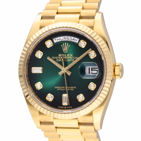 DAY-DATE 128238 YELLOW GOLD DIAL GREEN AND BRACELET PRESIDENT 36 MM FULL SET NEW YEAR 2023
